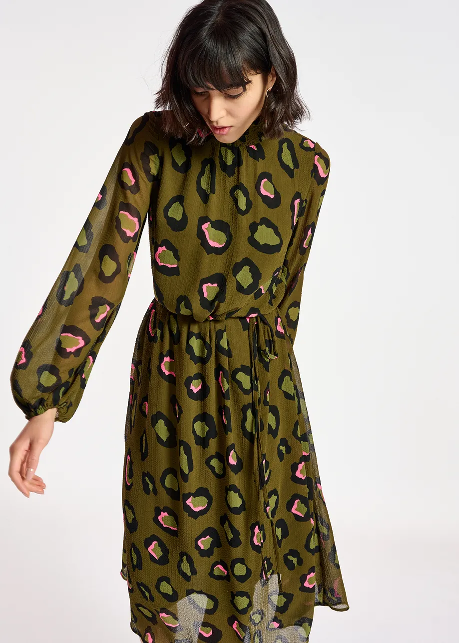 Khaki leopard-print midi-length dress