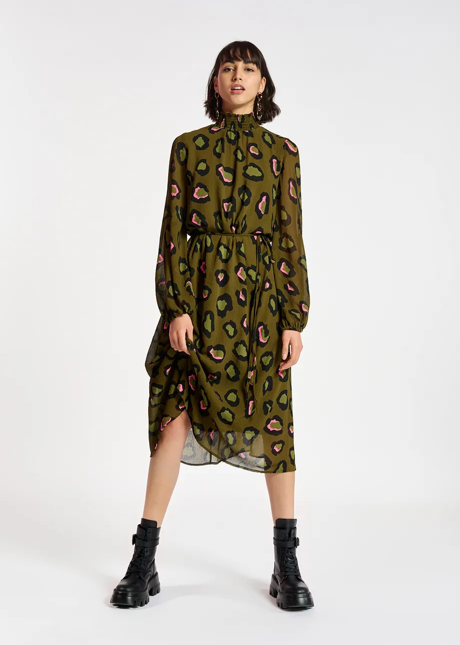 Khaki leopard-print midi-length dress