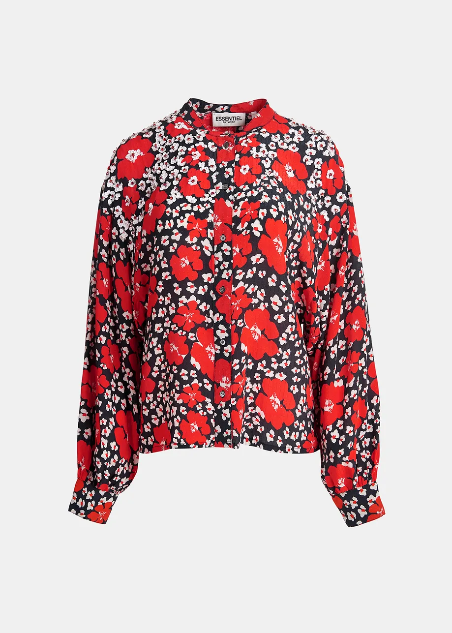 Dark blue, red and white floral-print shirt