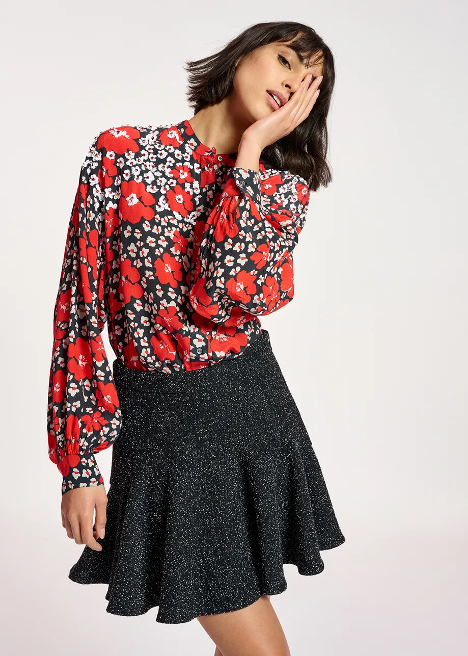 Dark blue, red and white floral-print shirt