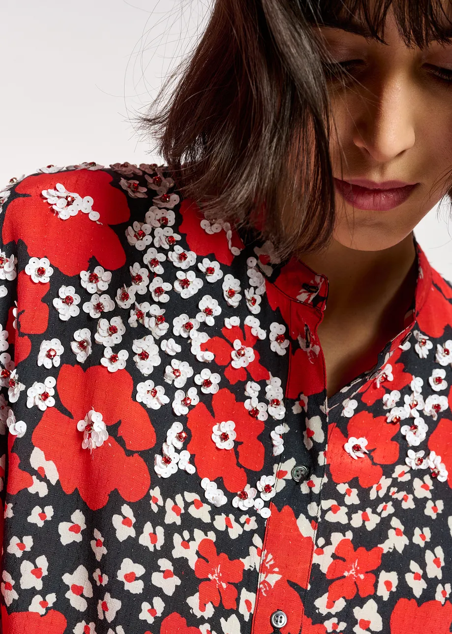 Dark blue, red and white floral-print shirt