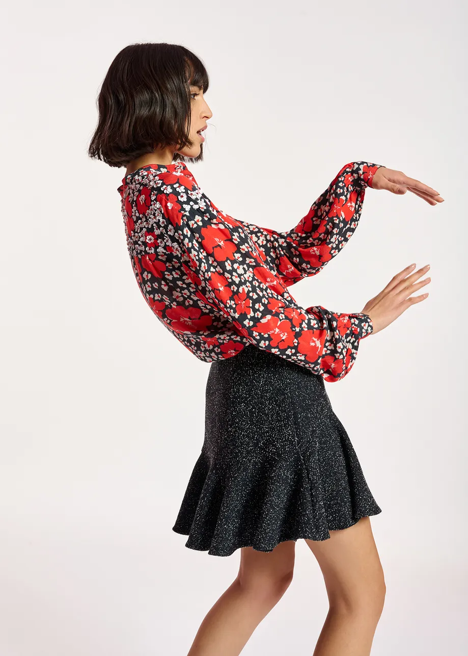 Dark blue, red and white floral-print shirt