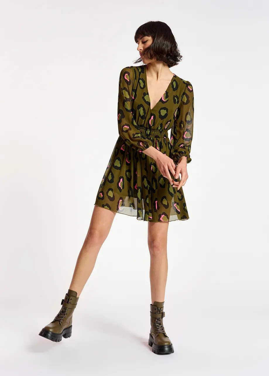 Khaki leopard-print mini dress