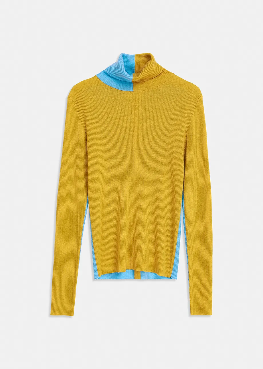 Ochre and blue two-tone turtleneck knit sweater