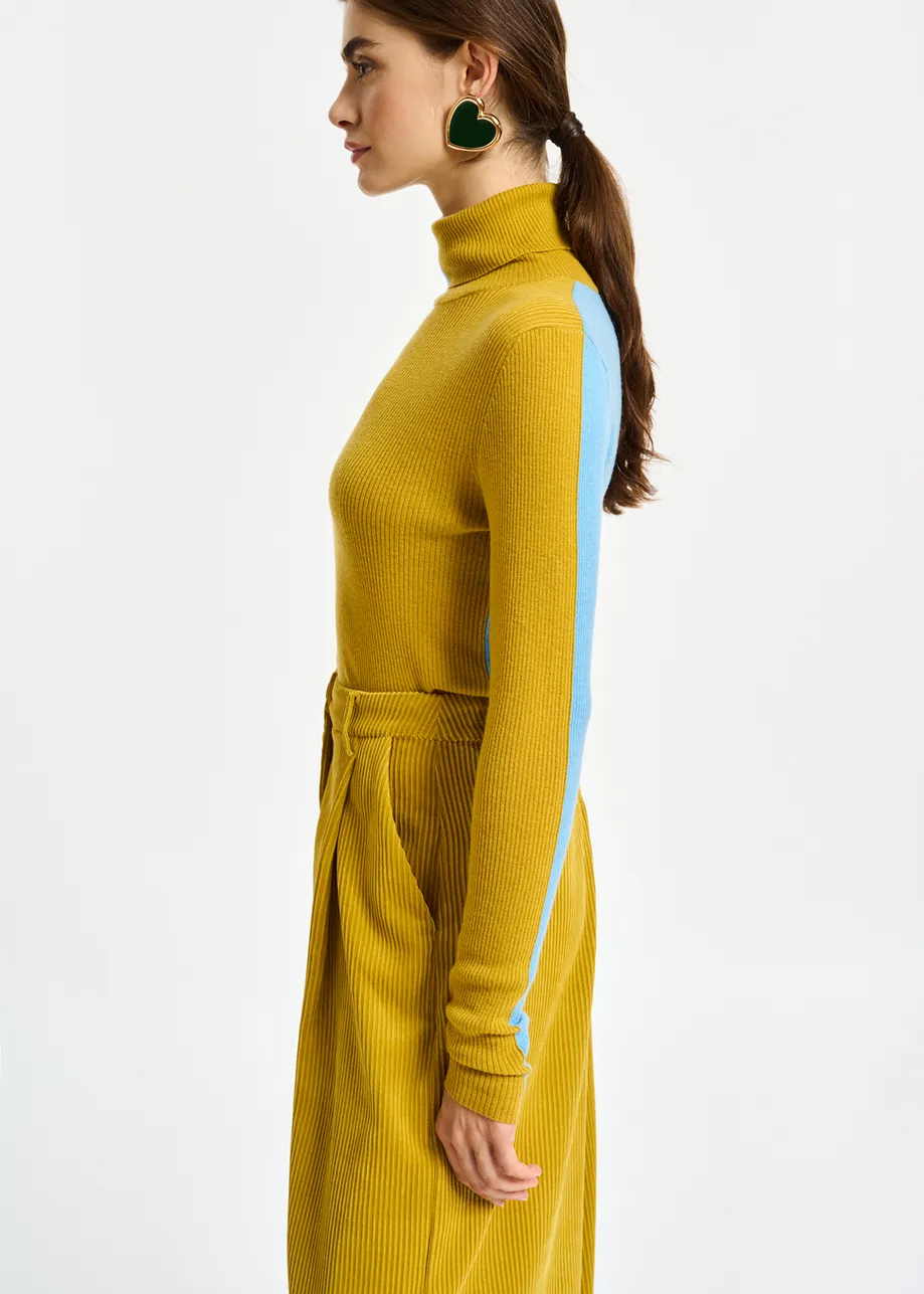 Ochre and blue two-tone turtleneck knit sweater