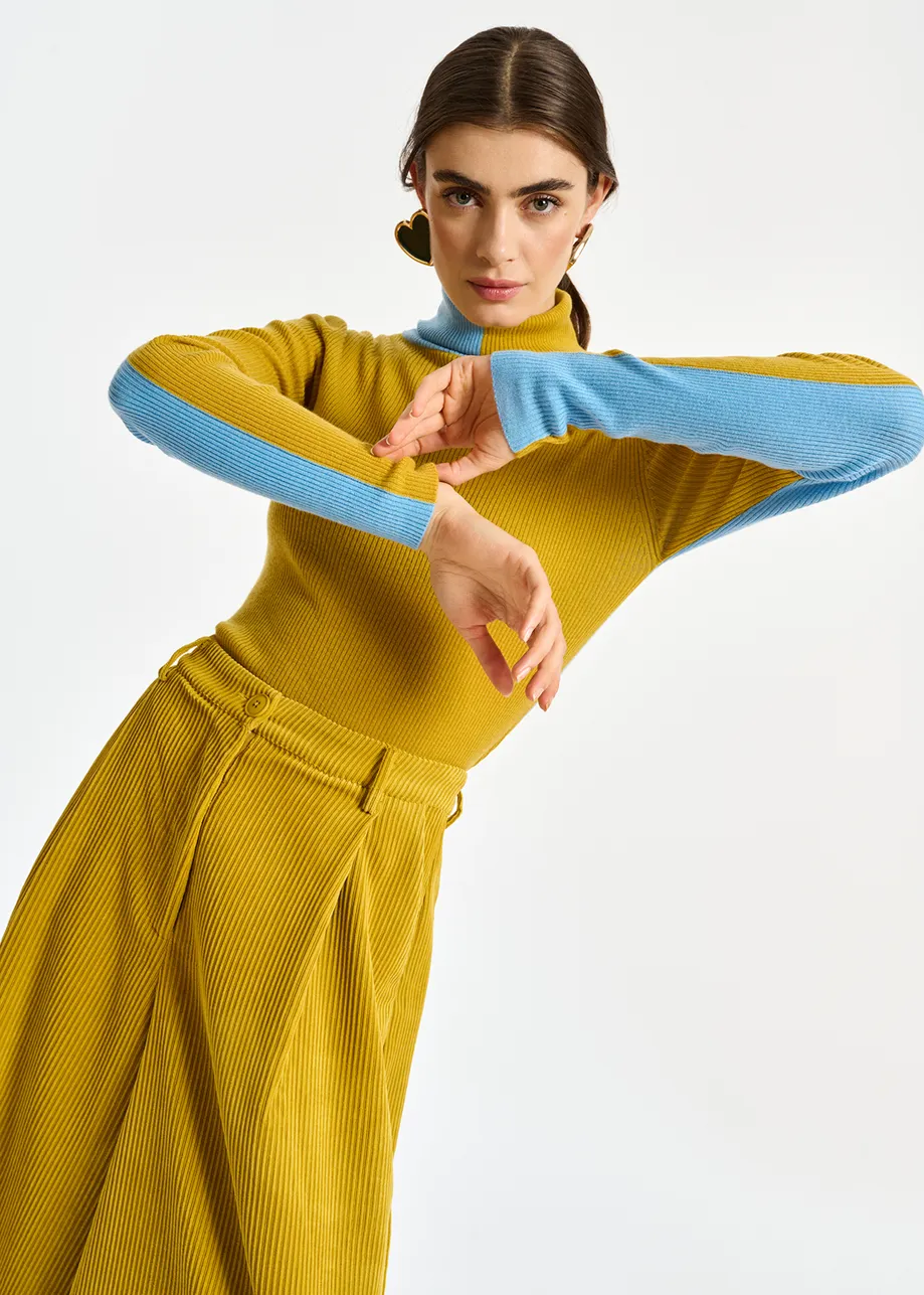 Ochre and blue two-tone turtleneck knit sweater