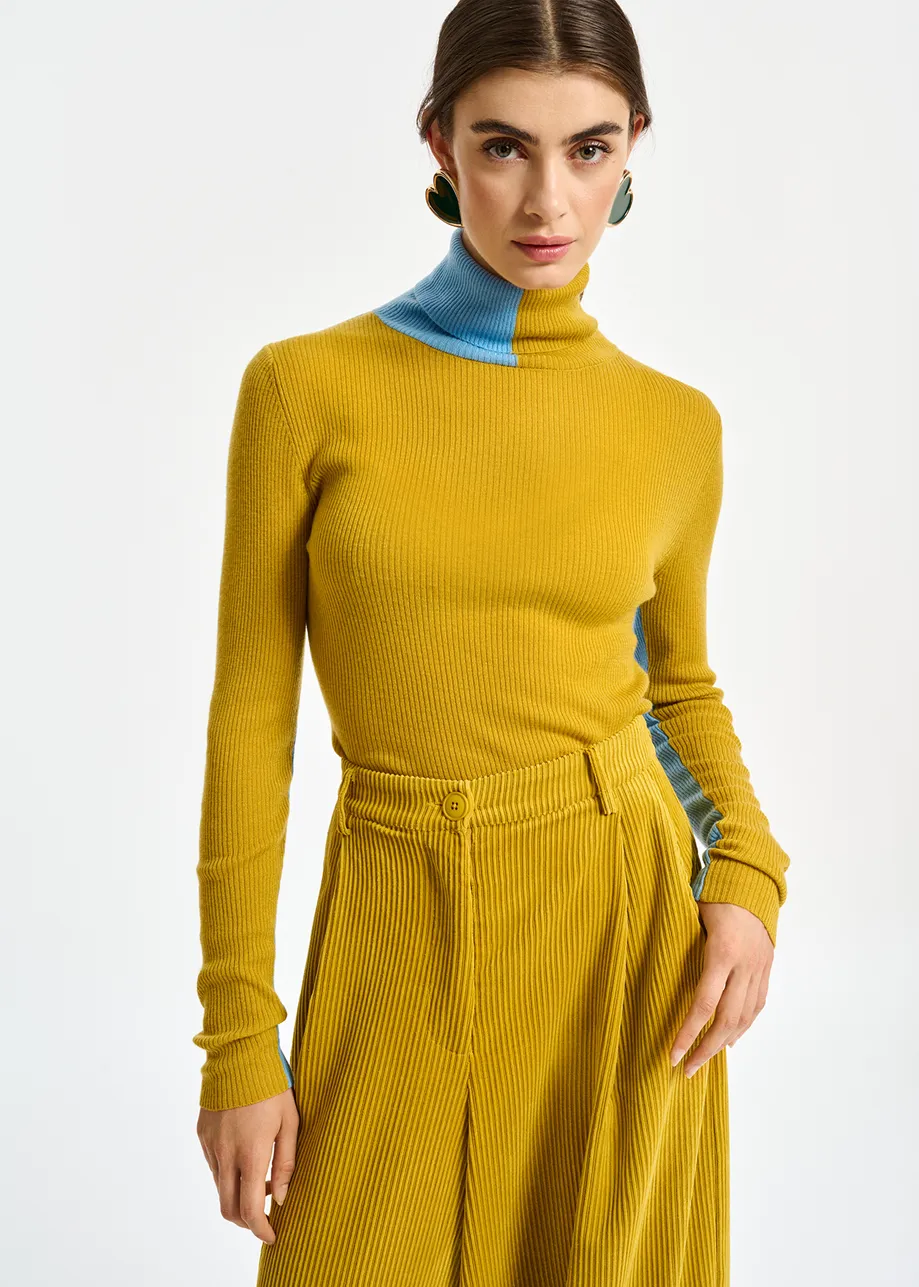 Ochre and blue two-tone turtleneck knit sweater