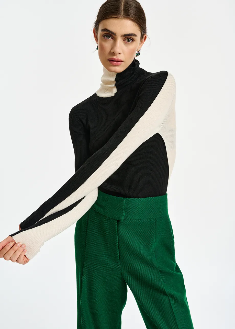 Black and white two-tone turtleneck knit sweater