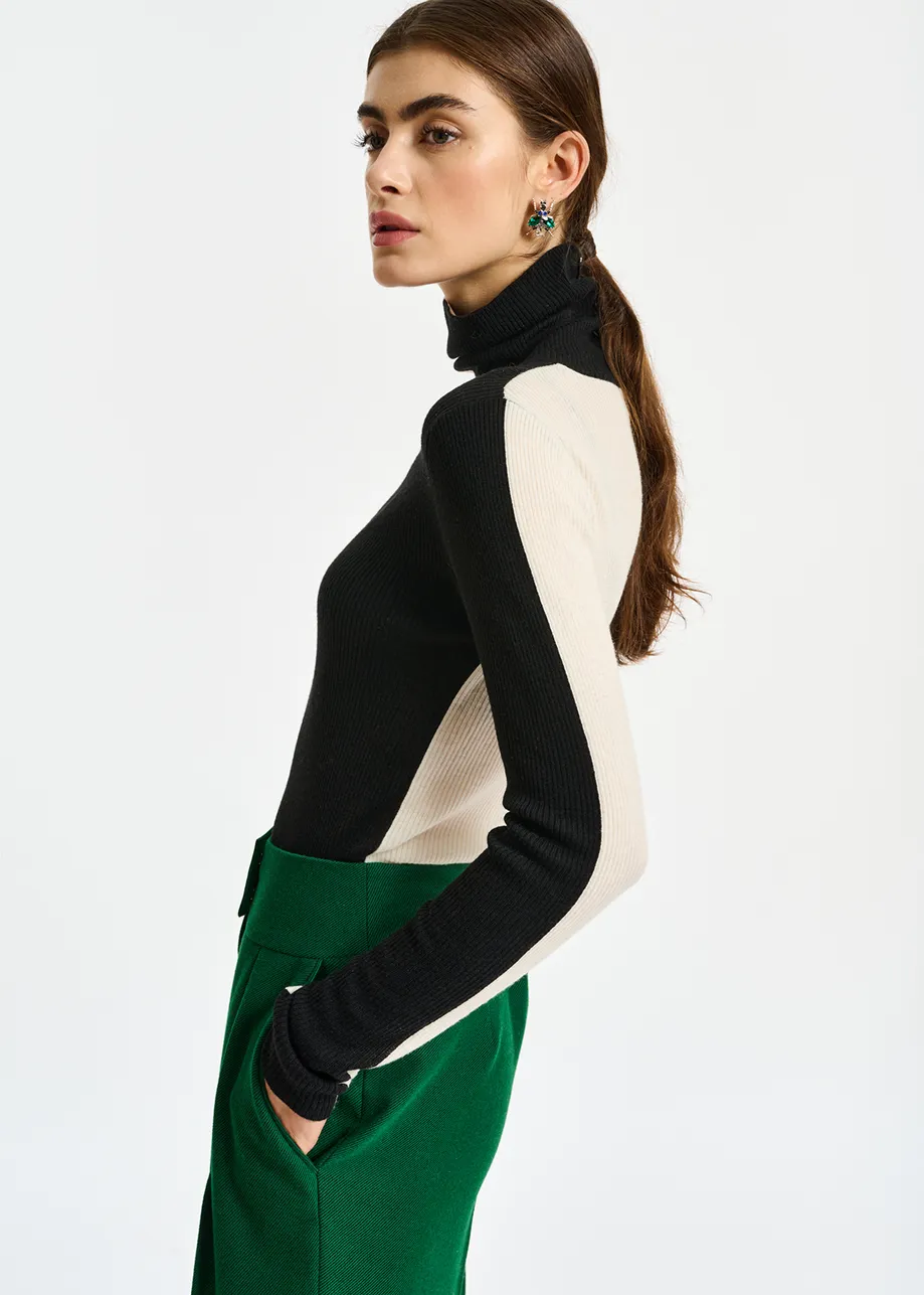 Black and white two-tone turtleneck knit sweater