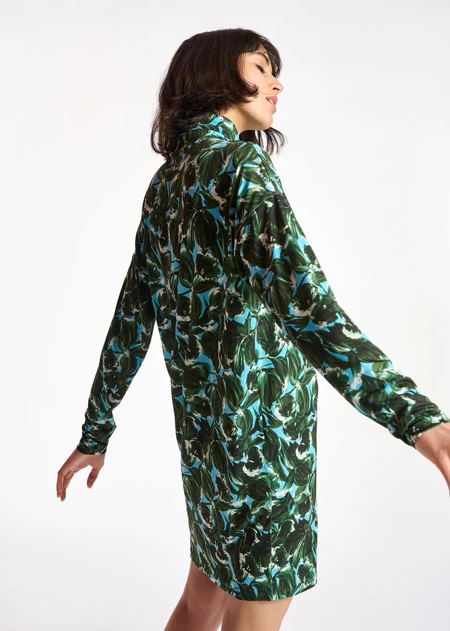 Blue and dark green leaf-printed mini dress with turtleneck