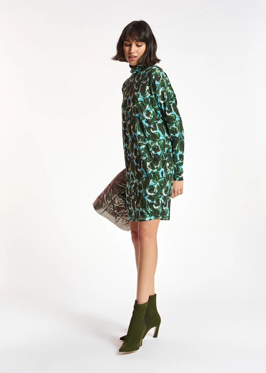 Blue and dark green leaf-printed mini dress with turtleneck