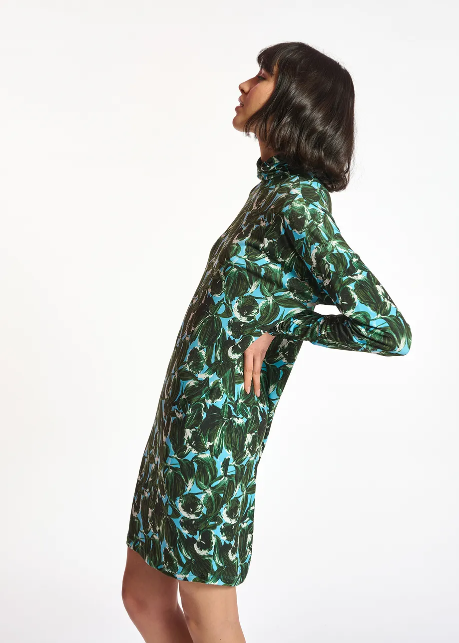 Blue and dark green leaf-printed mini dress with turtleneck