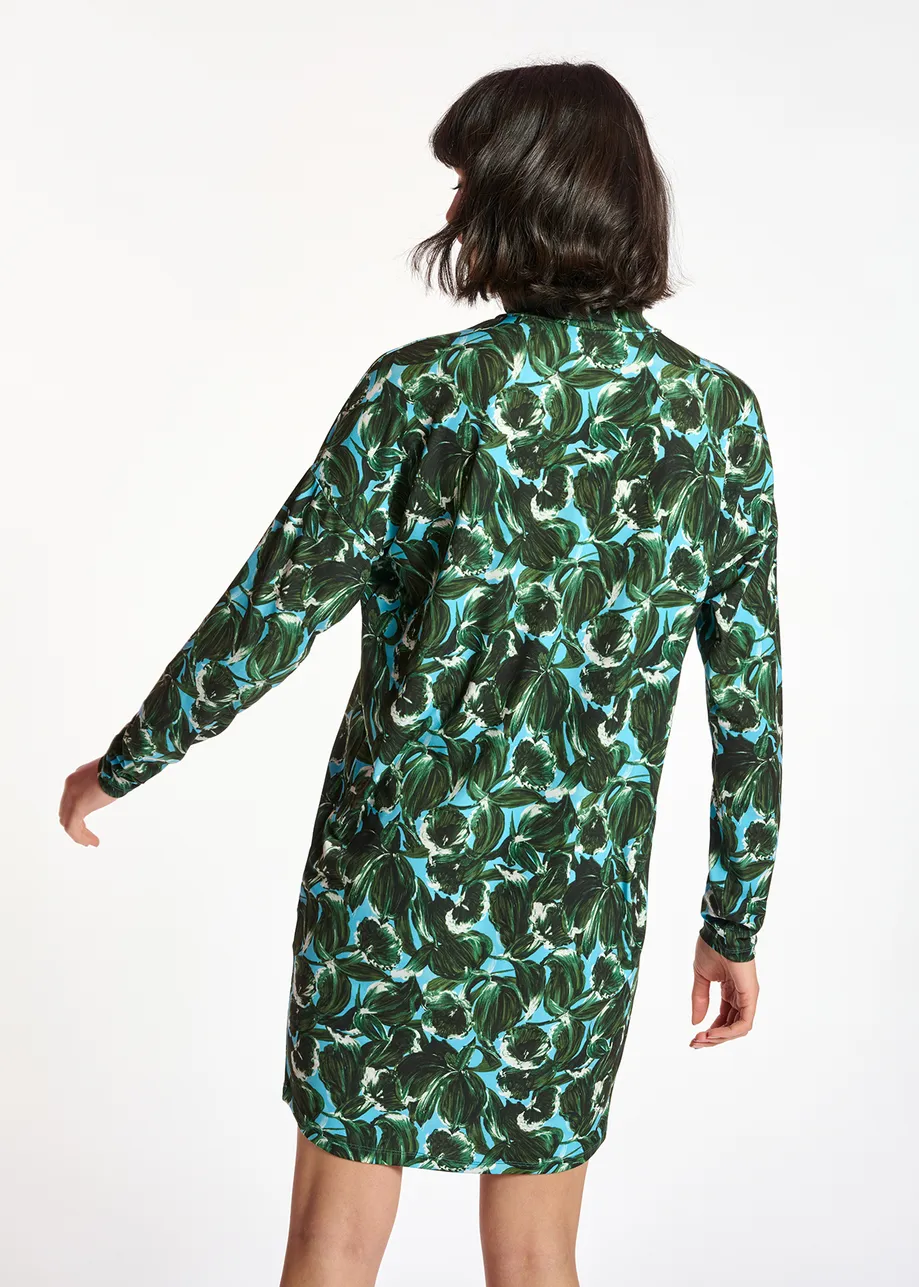 Blue and dark green leaf-printed mini dress with turtleneck