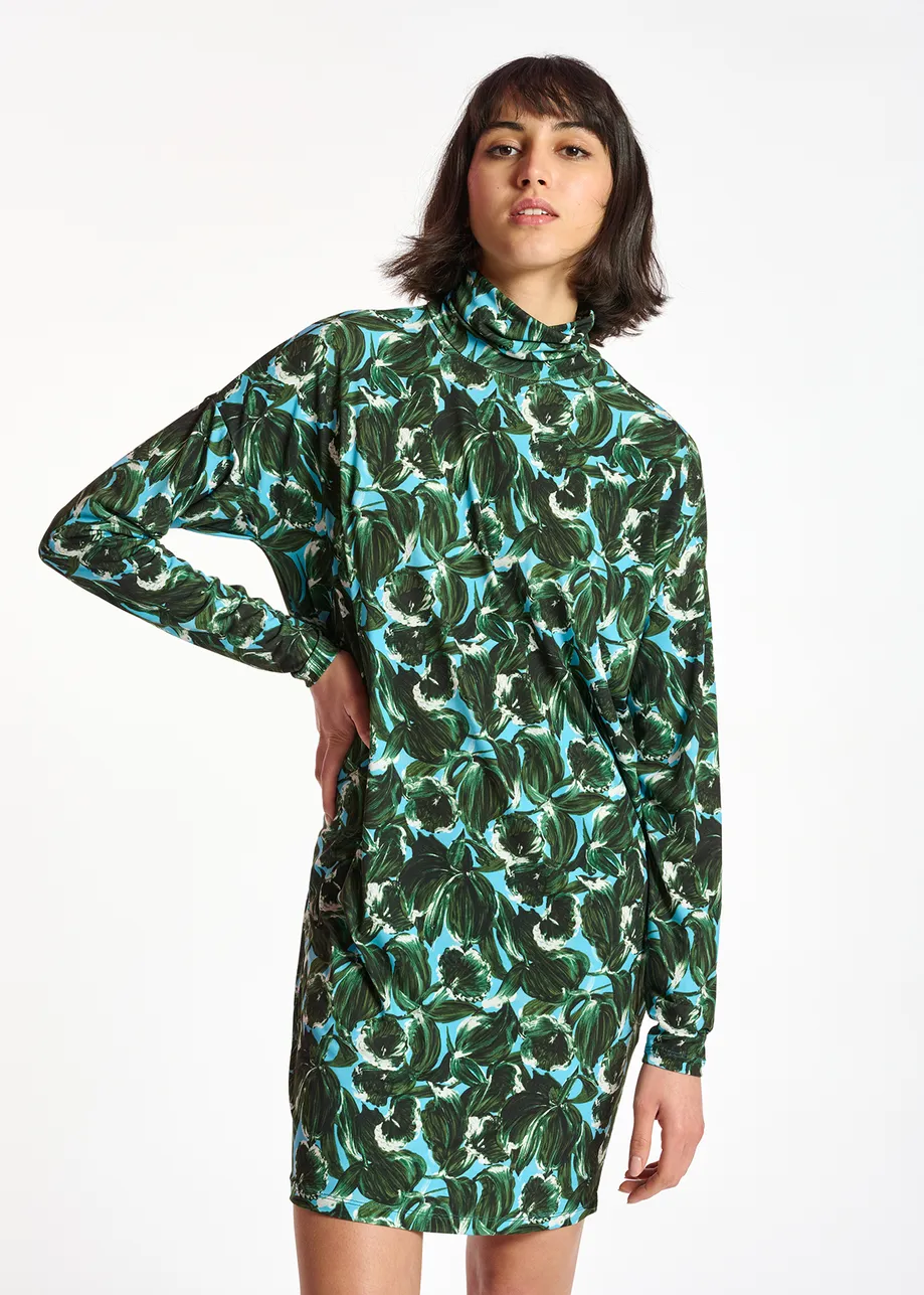 Blue and dark green leaf-printed mini dress with turtleneck