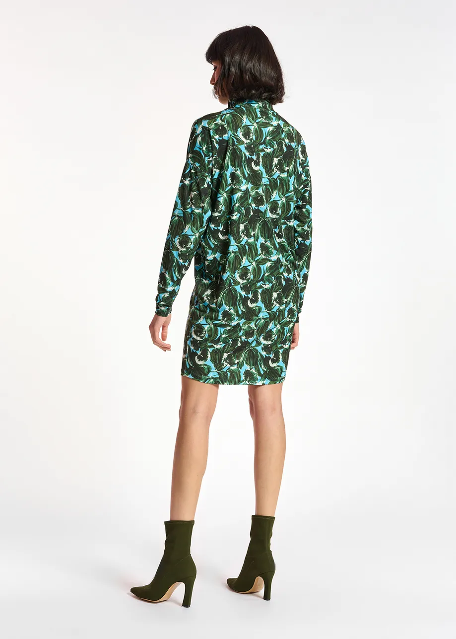 Blue and dark green leaf-printed mini dress with turtleneck