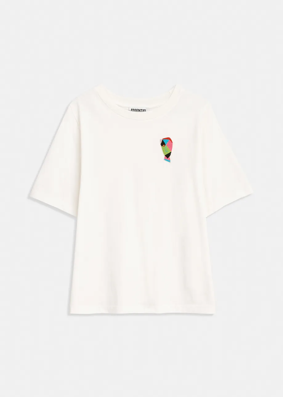 White cotton T-shirt with face embroidery