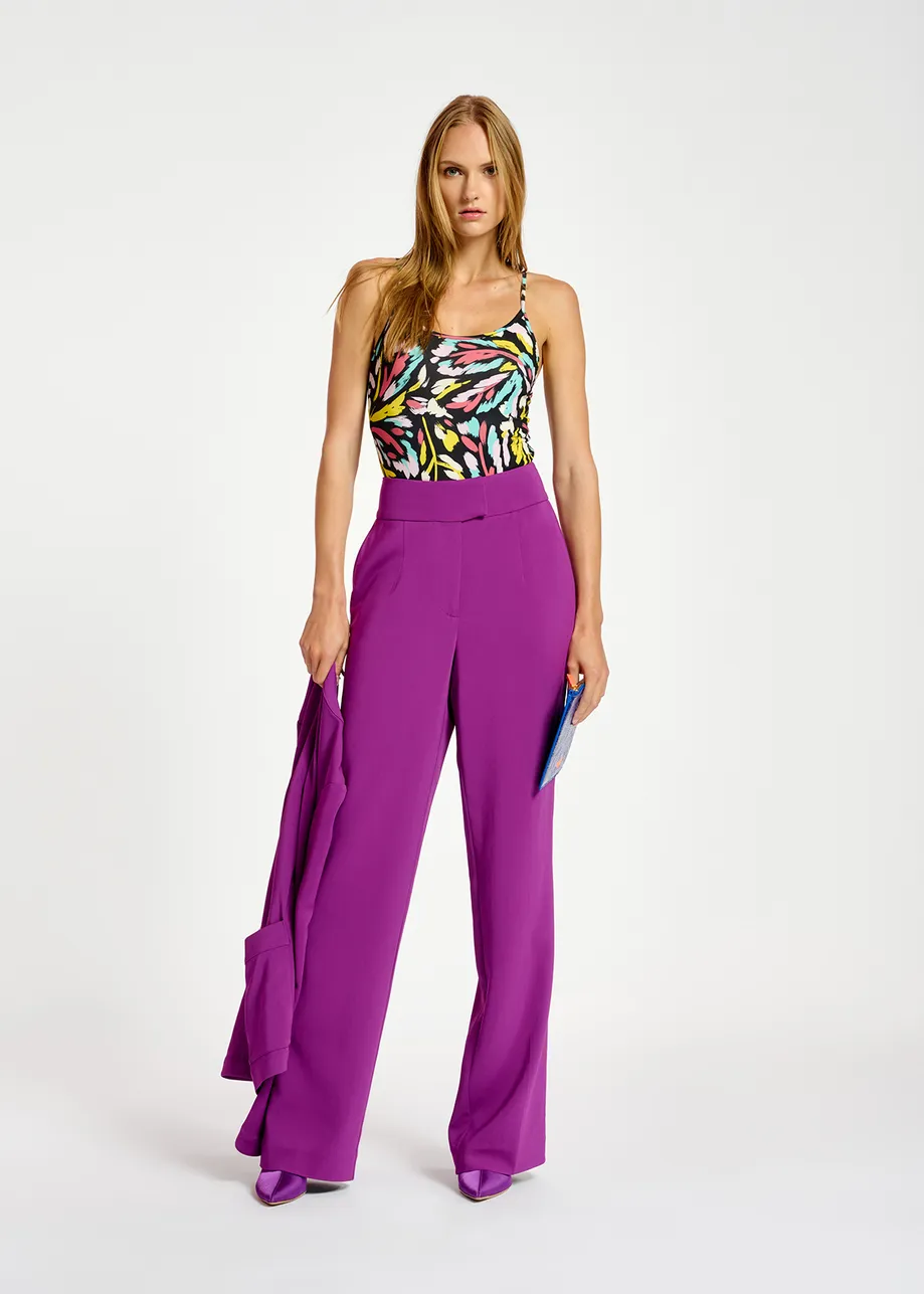 Purple viscose-satin straight-leg pants