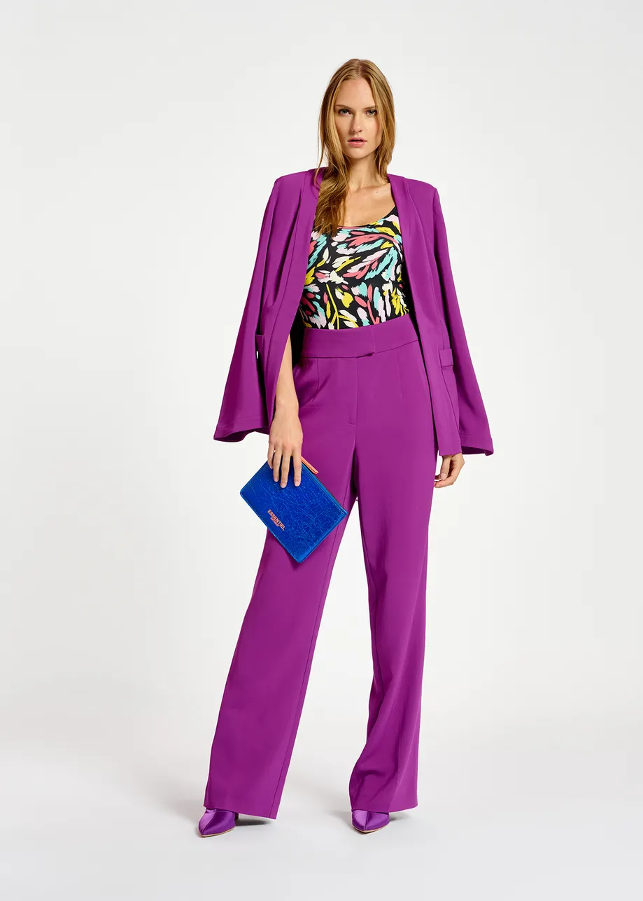 Purple viscose-satin straight-leg pants