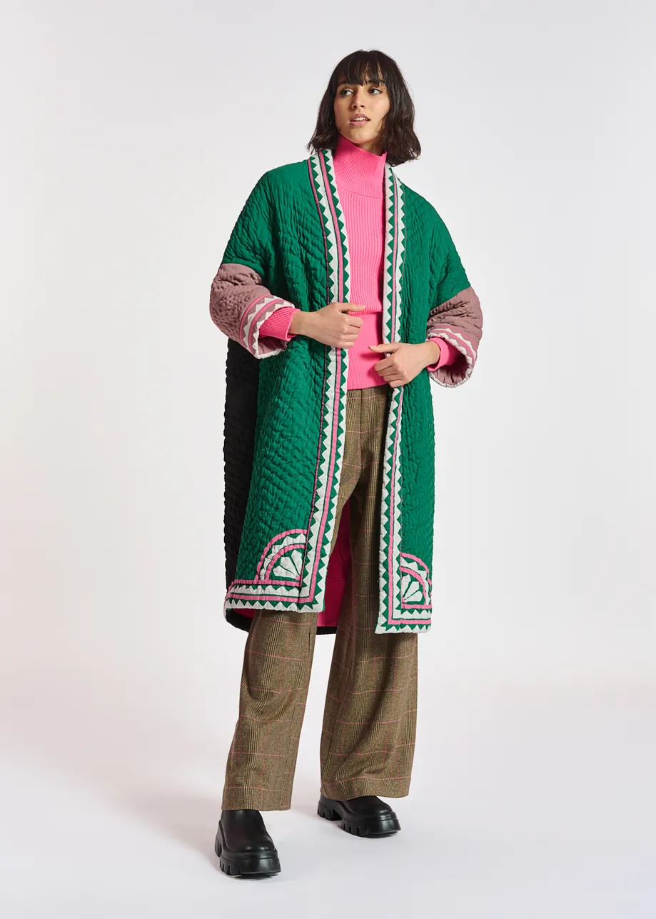 Dark green, mauve and neon pink quilted kimono