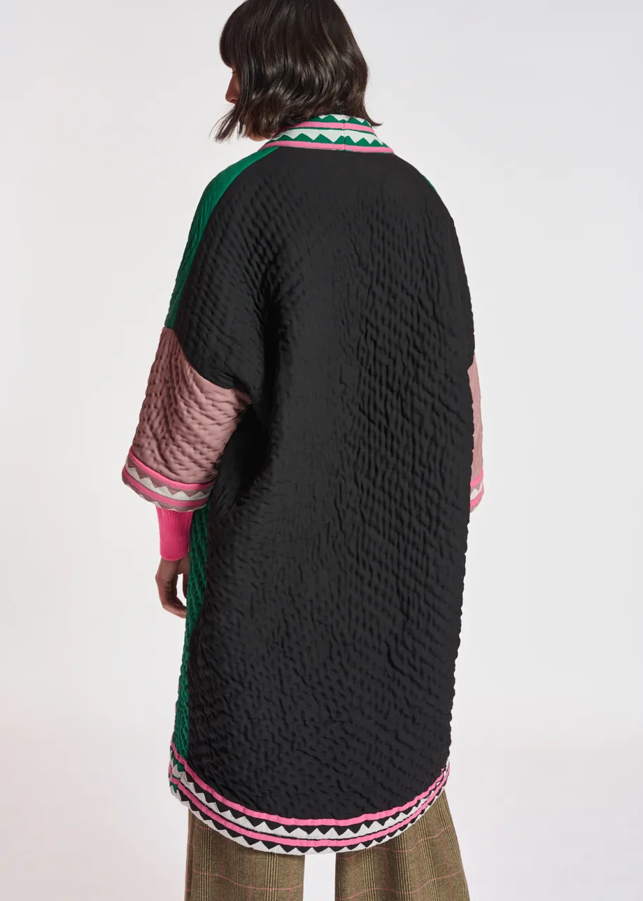 Dark green, mauve and neon pink quilted kimono