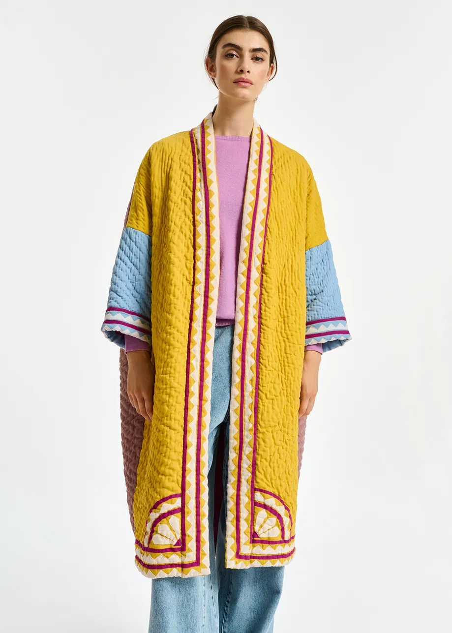 Ochre, blue and purple quilted kimono