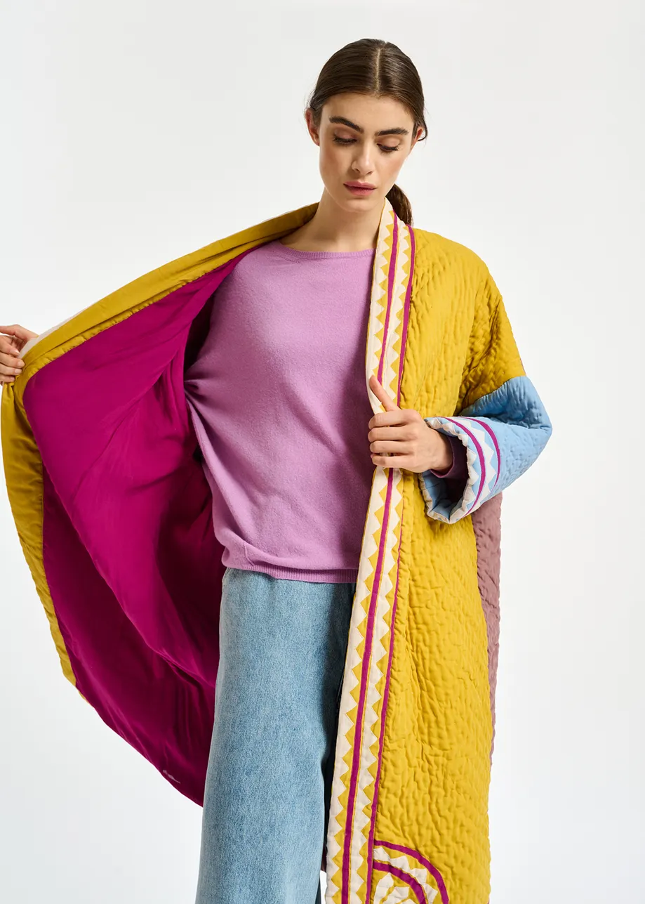 Ochre, blue and purple quilted kimono