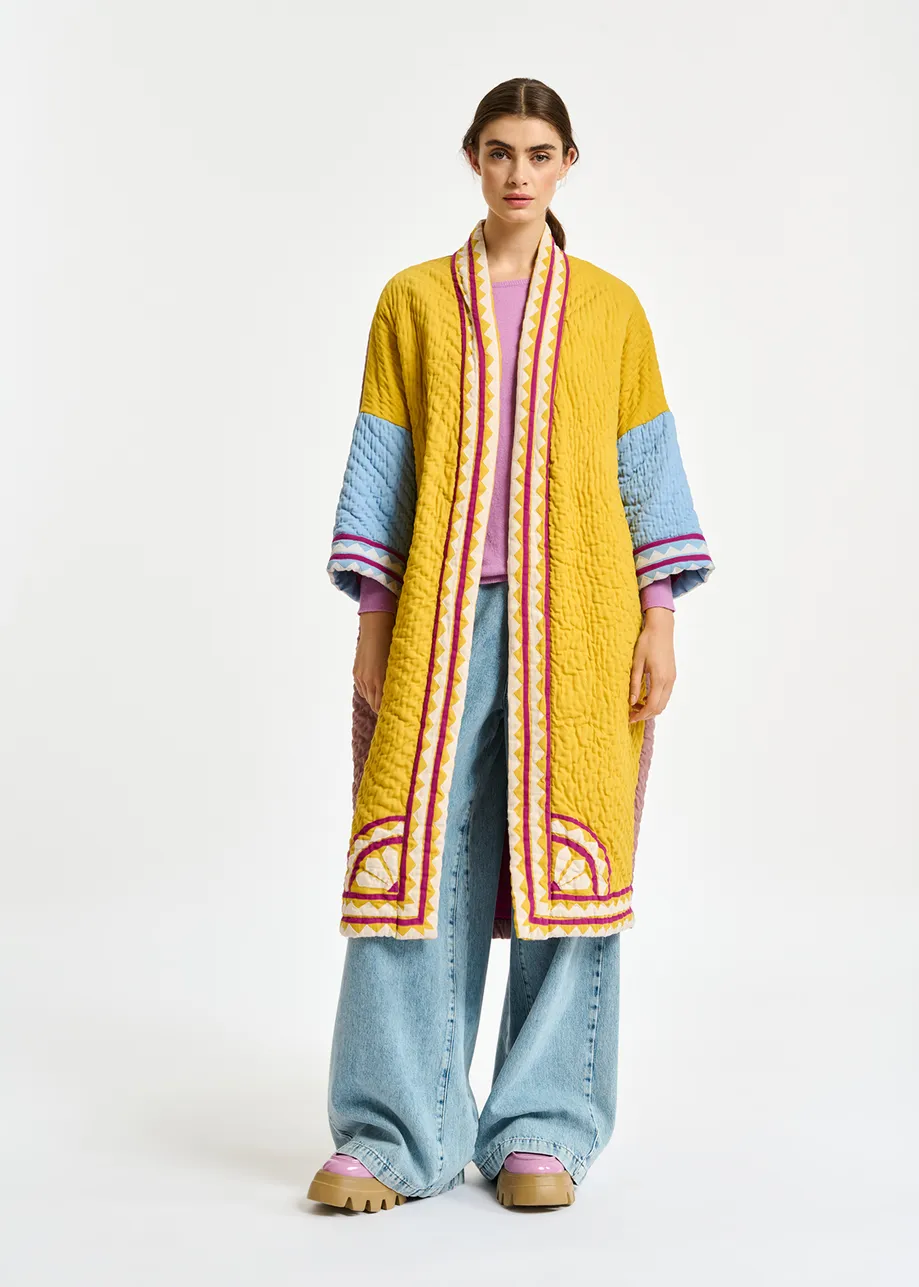 Ochre, blue and purple quilted kimono