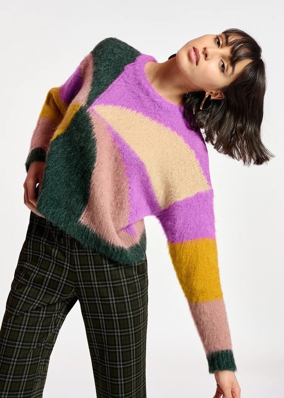 Purple, dark green and vintage pink intarsia-knitted sweater