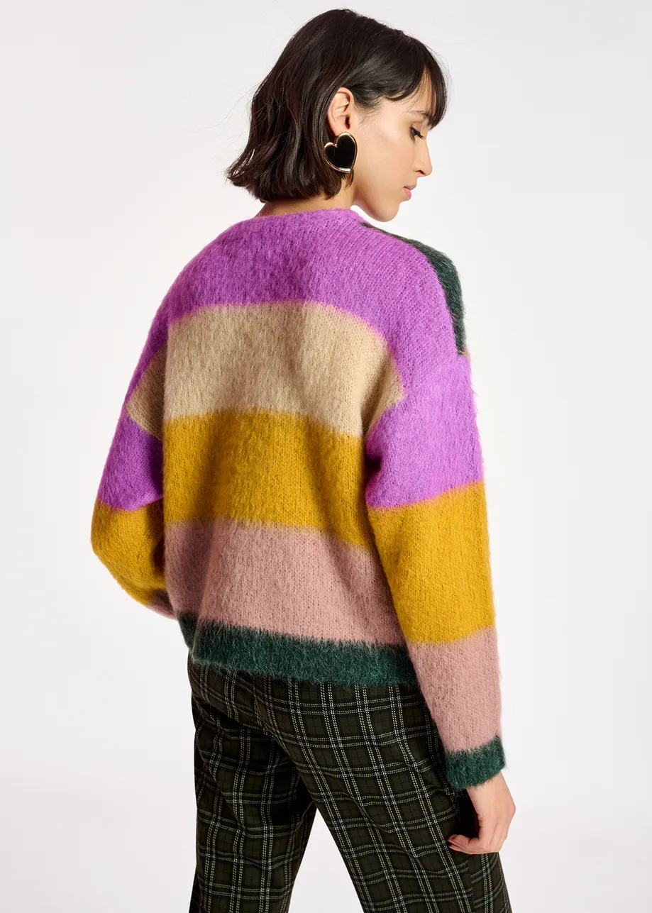 Purple, dark green and vintage pink intarsia-knitted sweater