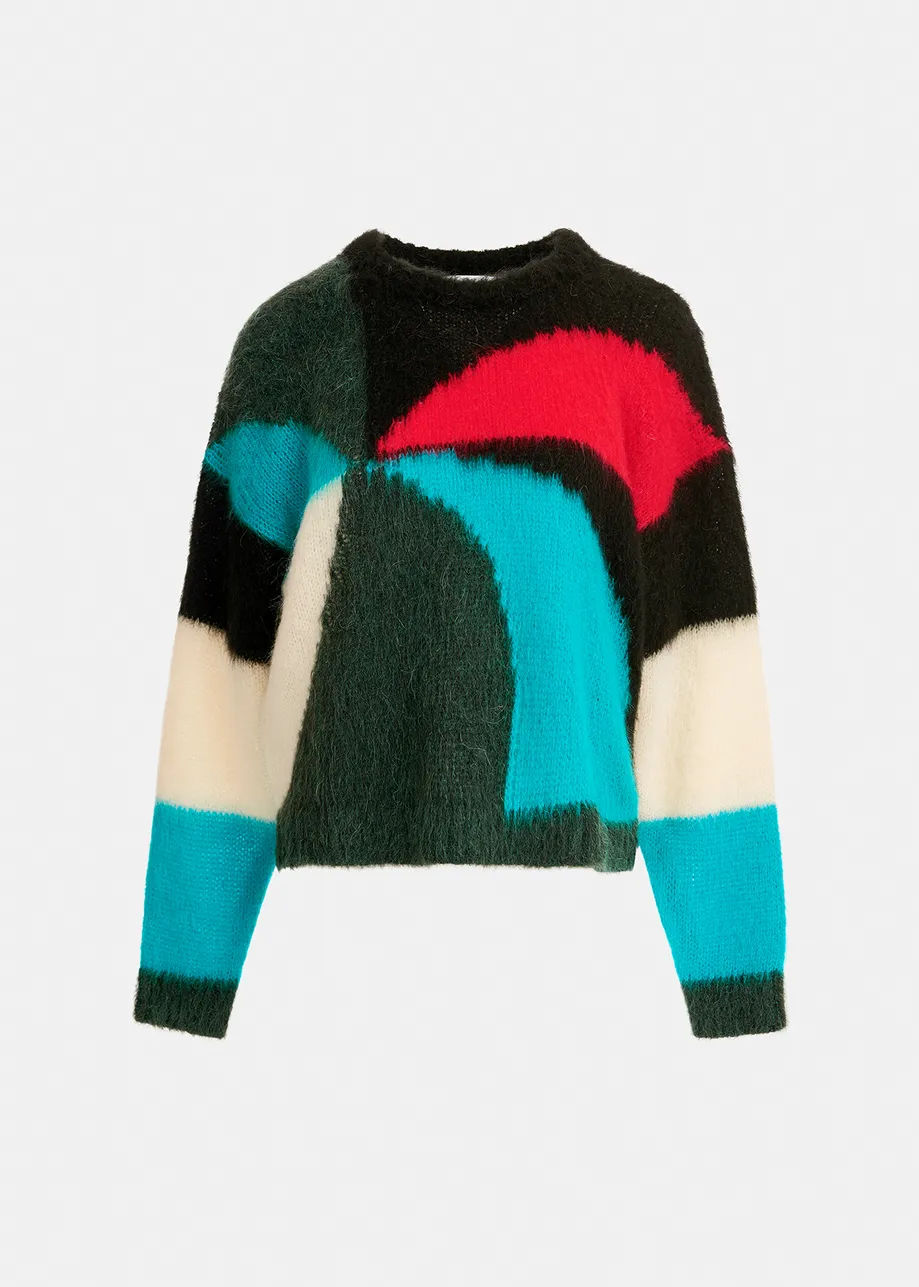 Dark green, blue and red intarsia-knitted sweater