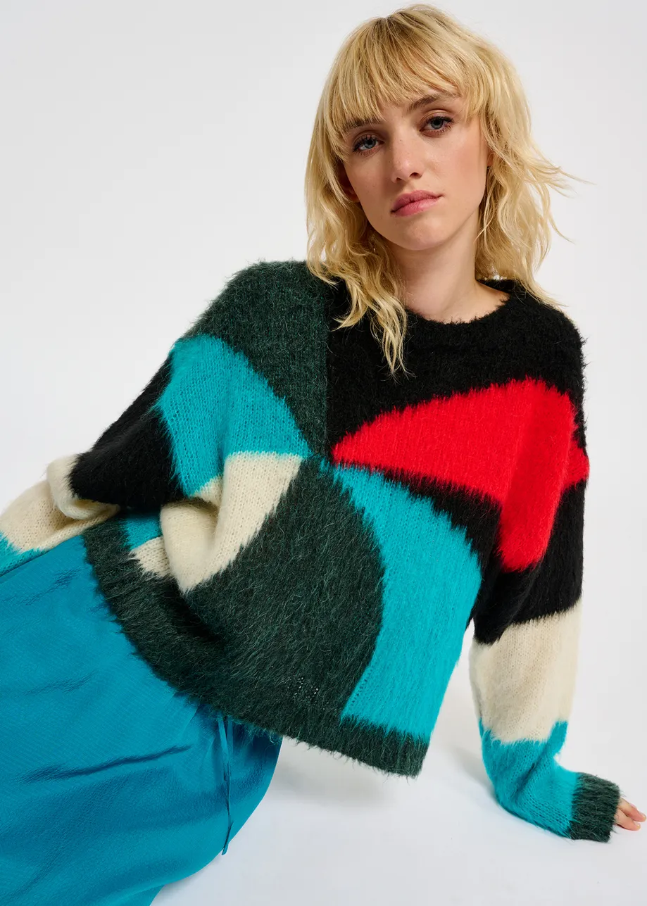 Dark green, blue and red intarsia-knitted sweater