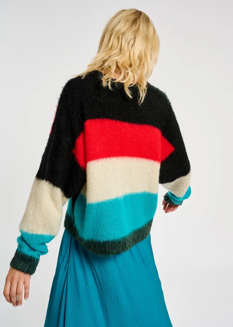 Dark green, blue and red intarsia-knitted sweater