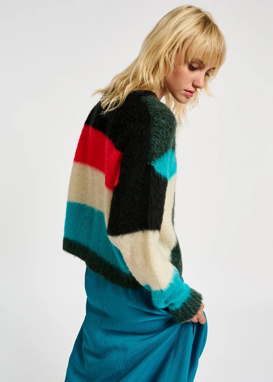 Dark green, blue and red intarsia-knitted sweater