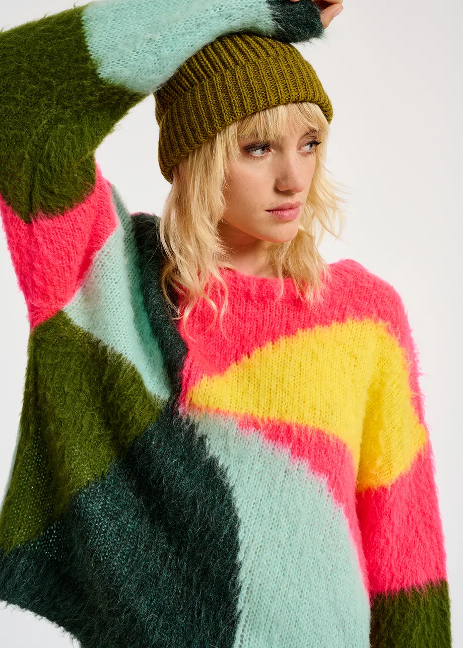 Neon pink, light blue and yellow intarsia-knitted sweater