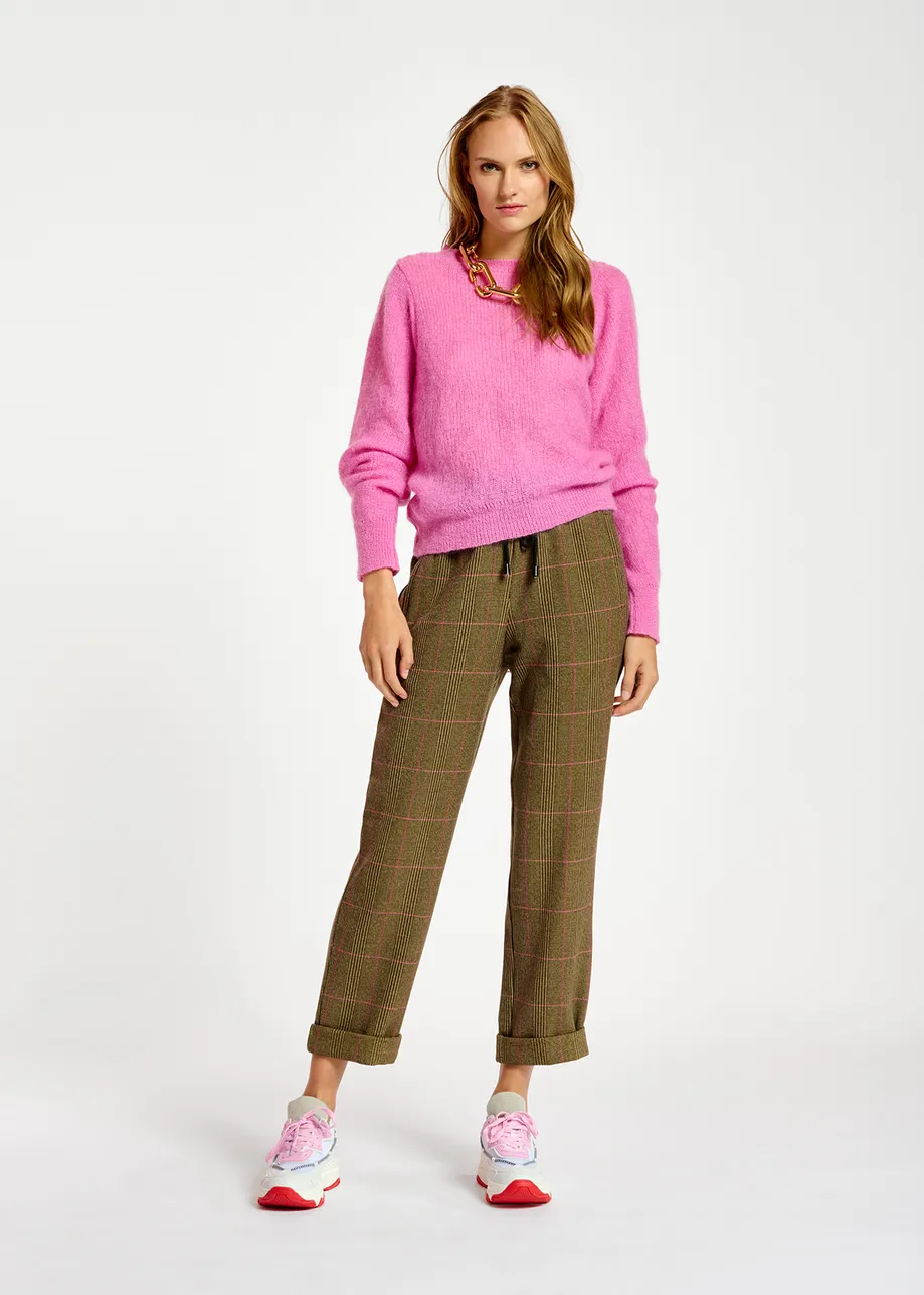 Brown pants with beige and pink check motif