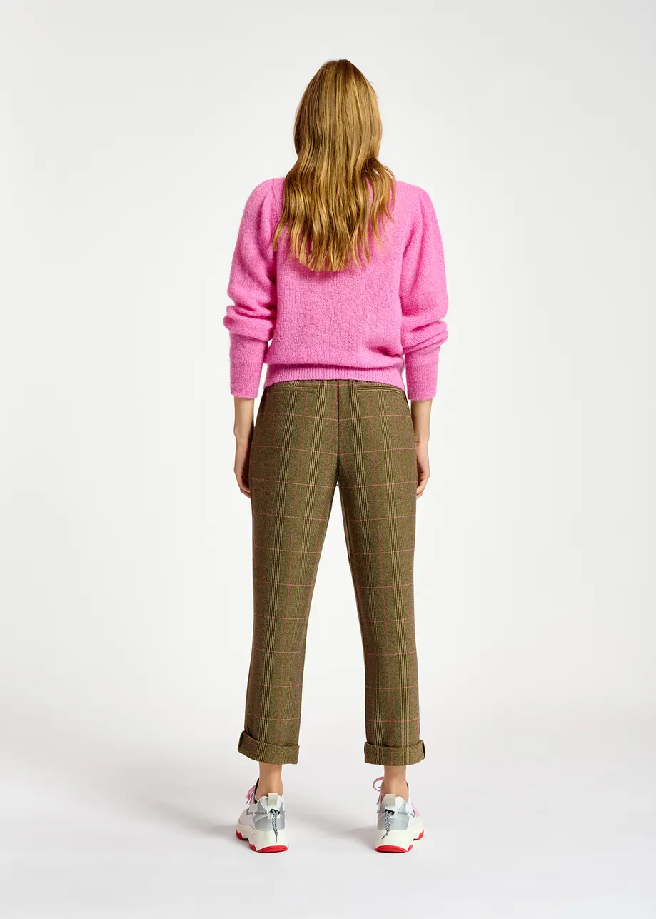 Brown pants with beige and pink check motif