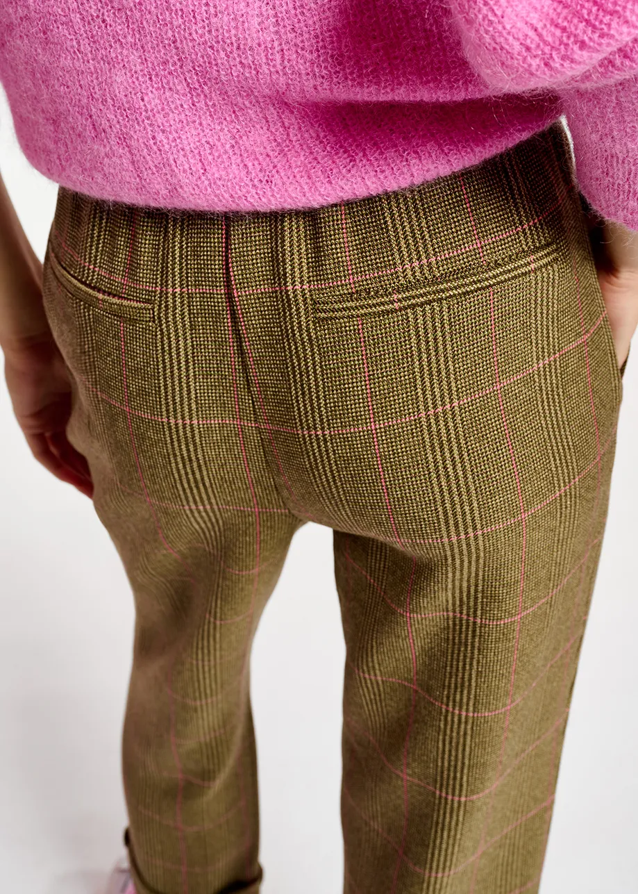 Brown pants with beige and pink check motif