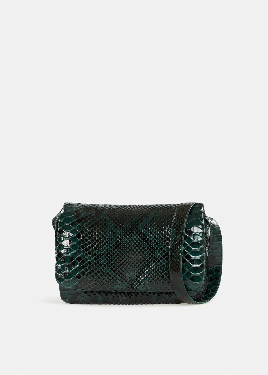 Dark green snake-effect shoulder bag