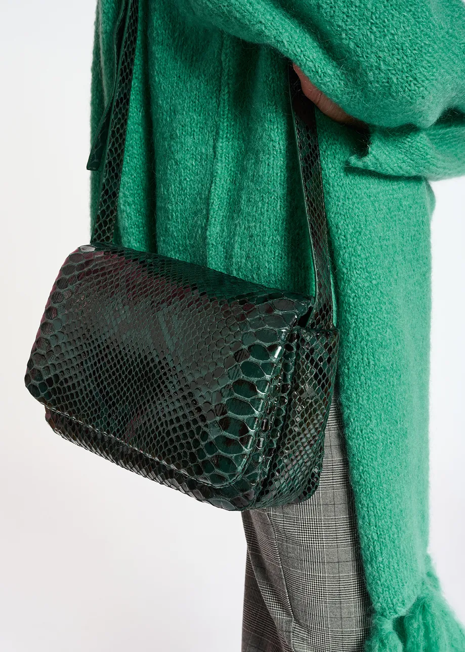 Dark green snake-effect shoulder bag