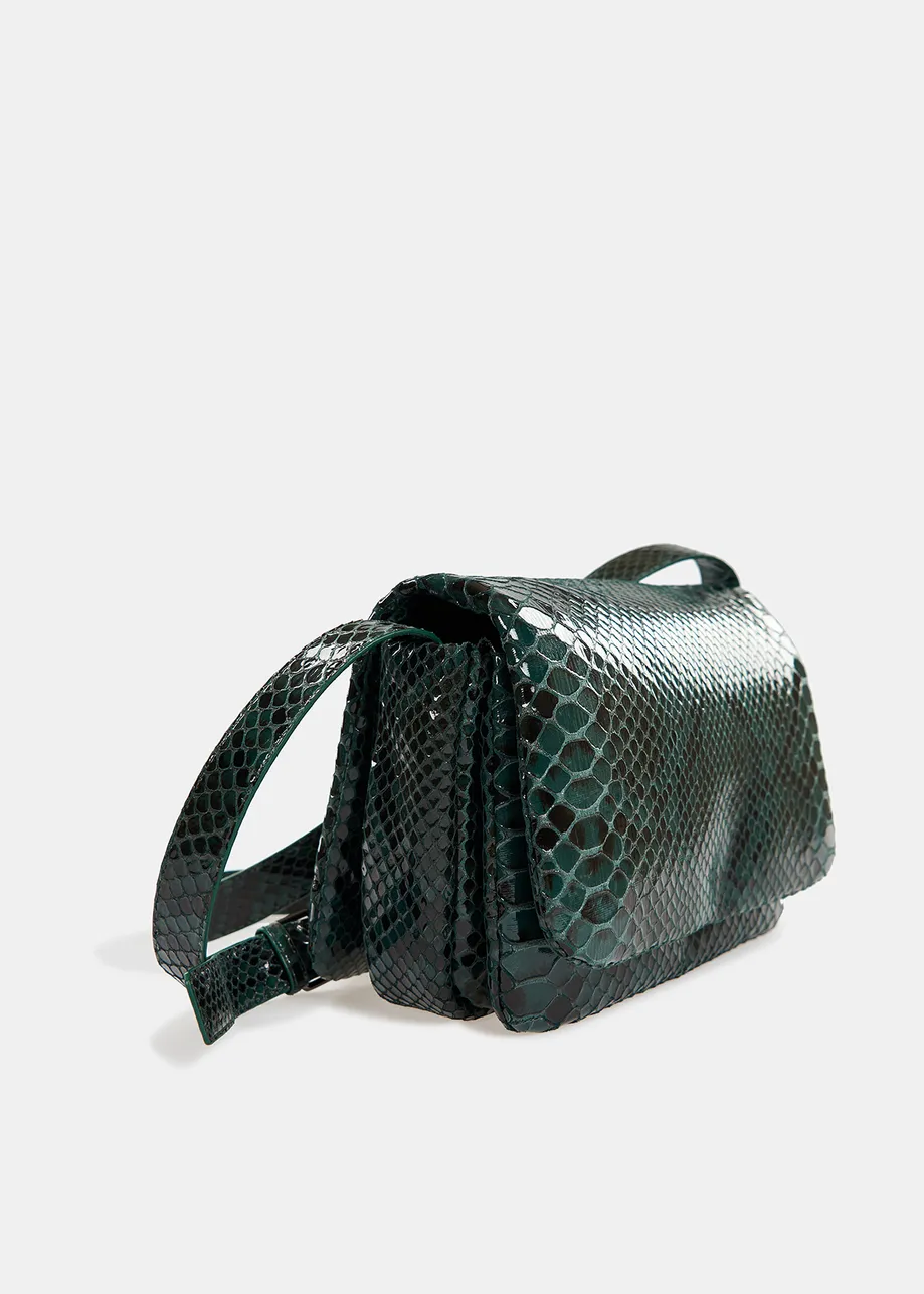 Dark green snake-effect shoulder bag