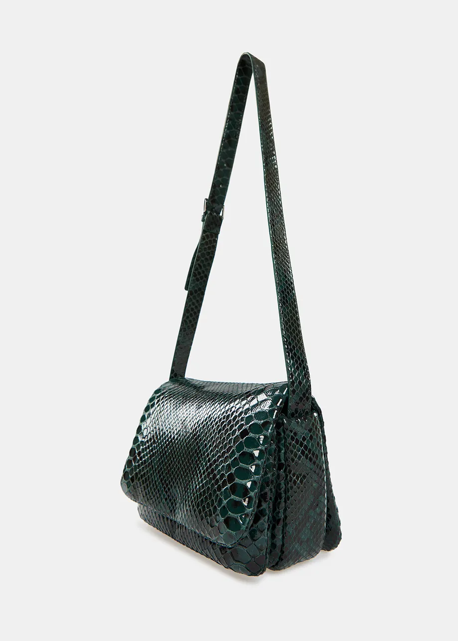 Dark green snake-effect shoulder bag