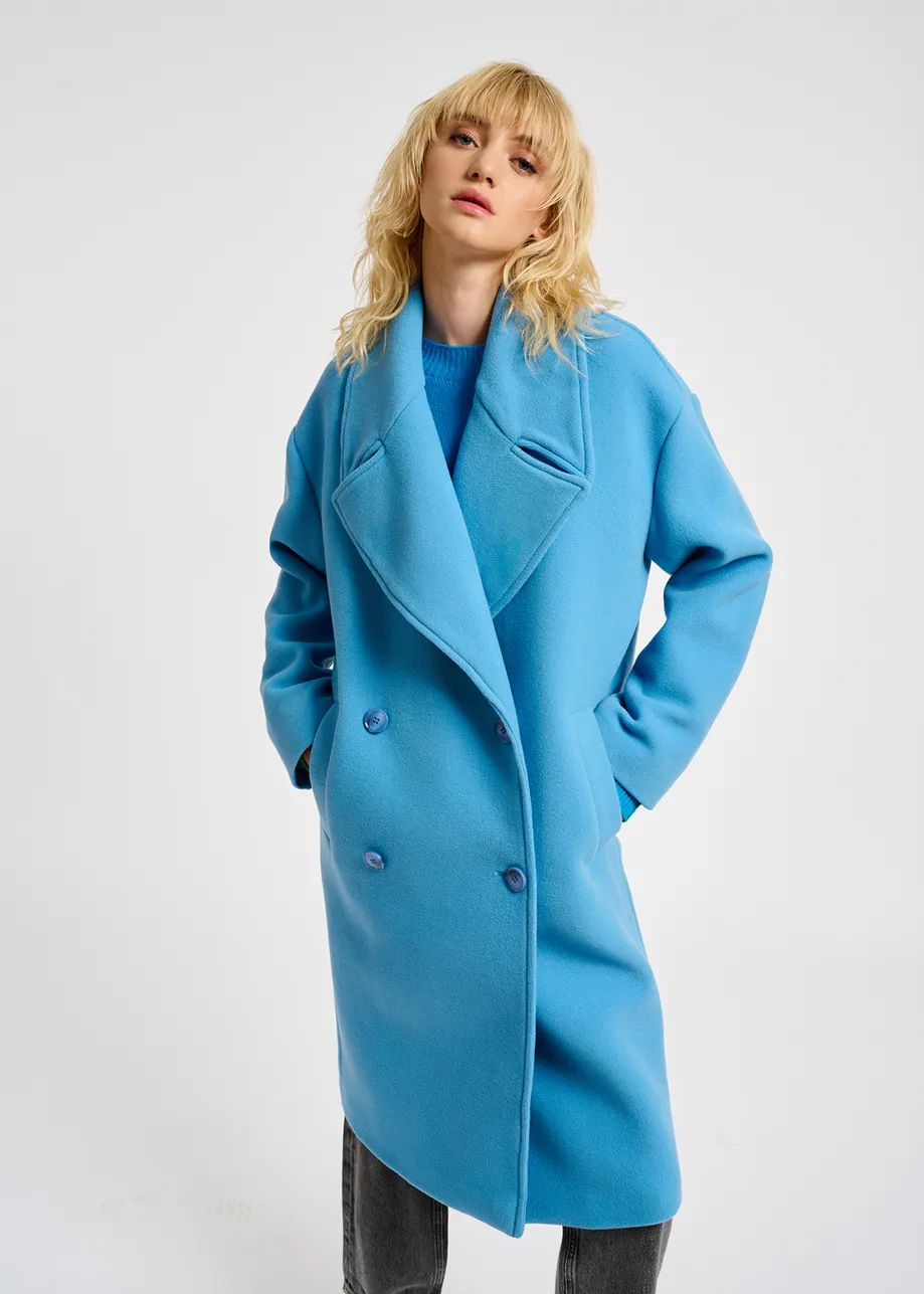 Blue double-breasted wool-blend coat