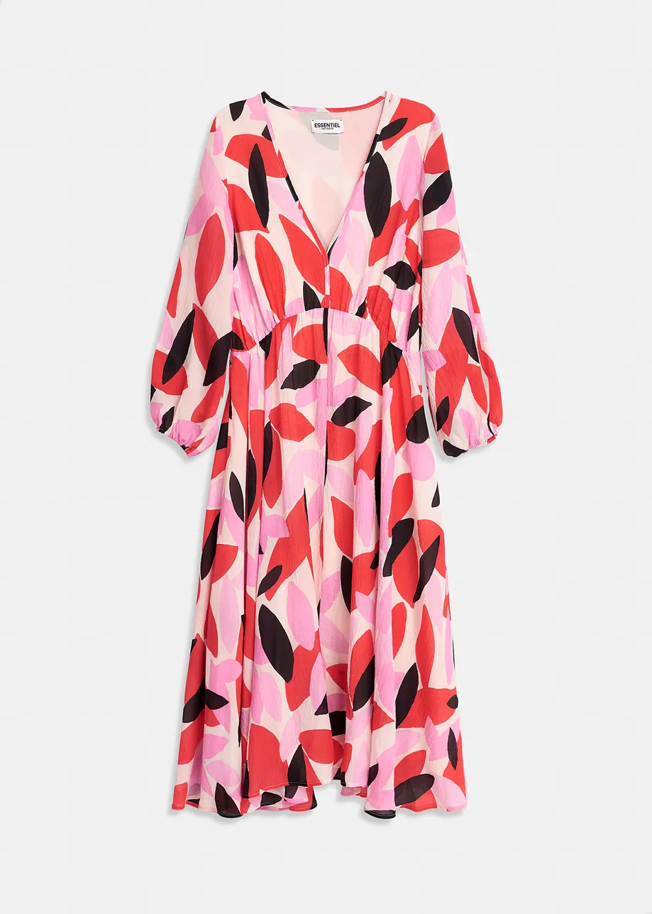 Off-white, red and pink abstract print midi-length dress