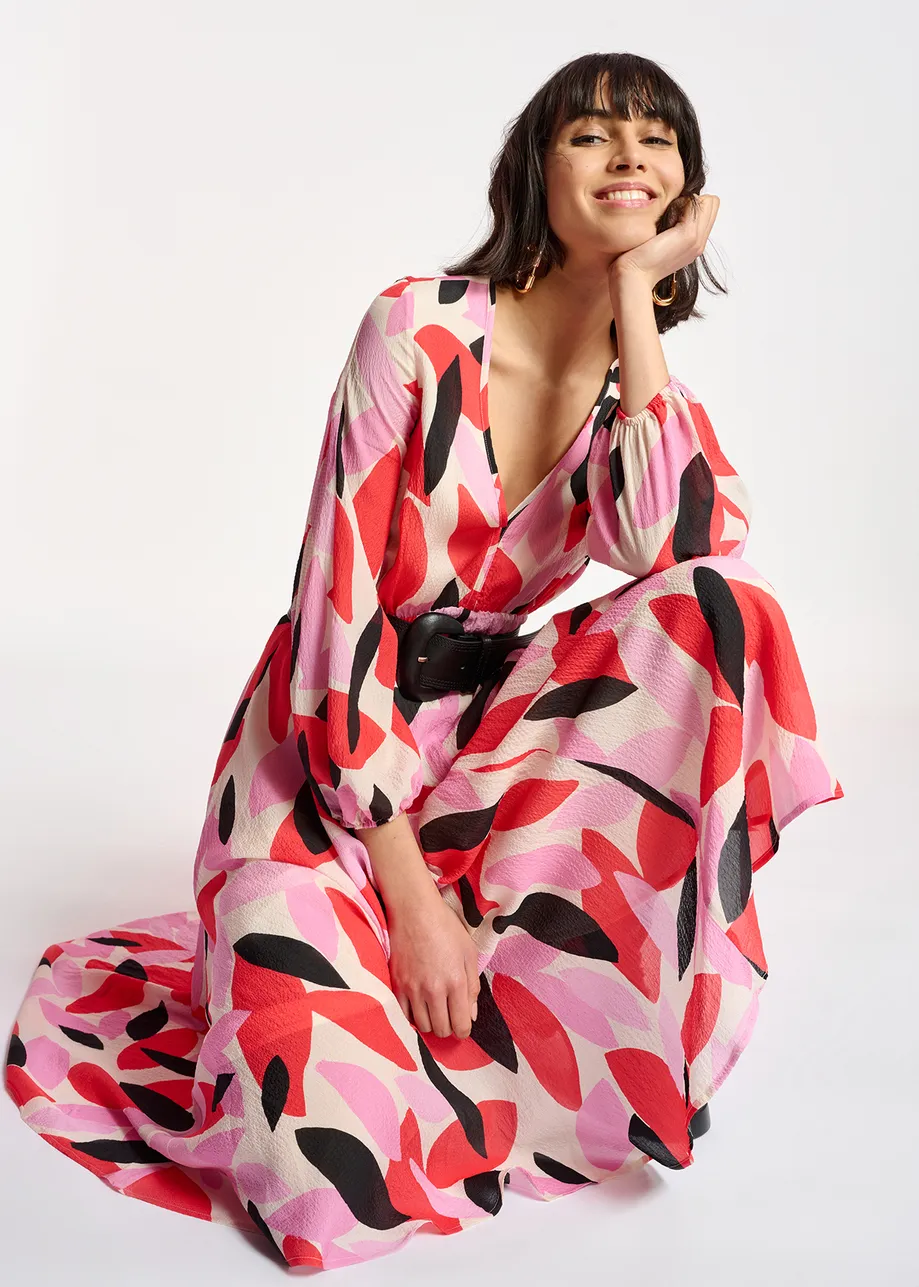 Off-white, red and pink abstract print midi-length dress