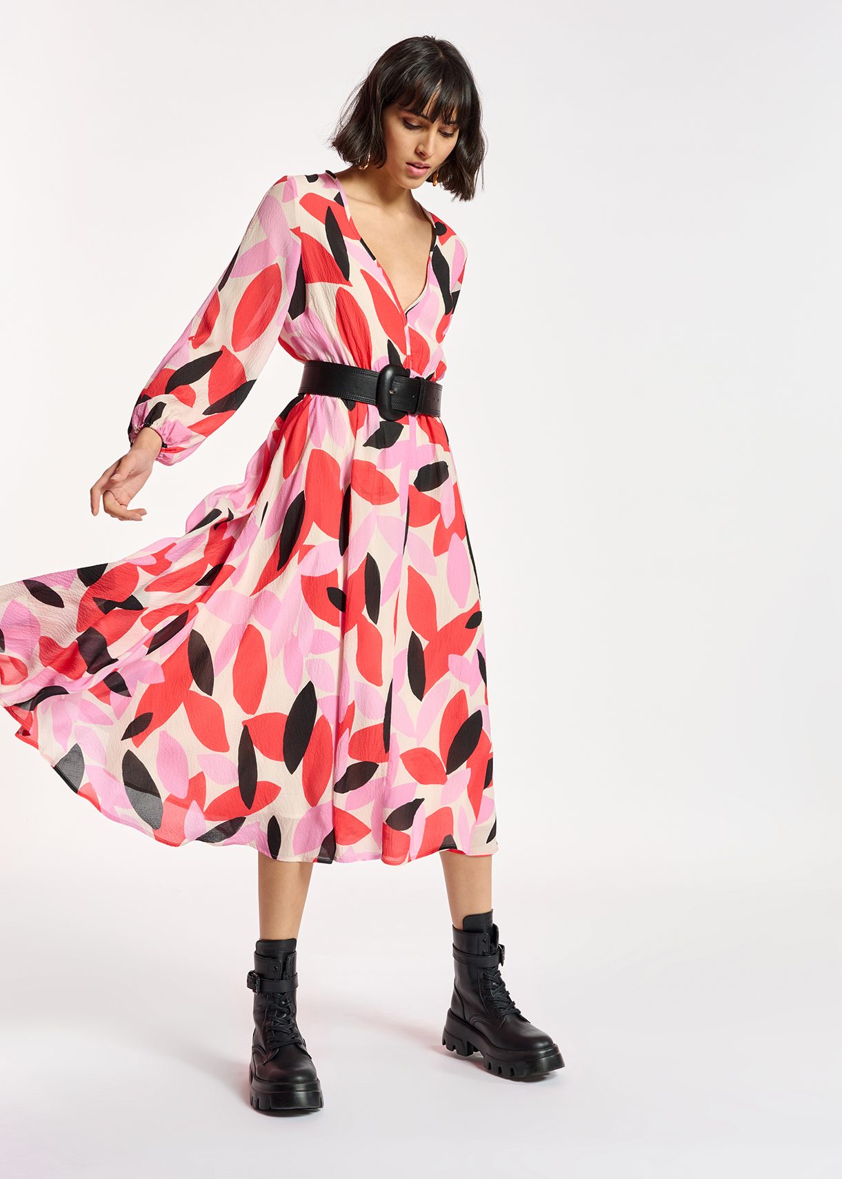 Off-white, red and pink abstract print midi-length dress