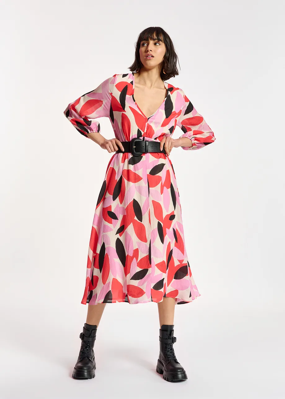 Off-white, red and pink abstract print midi-length dress