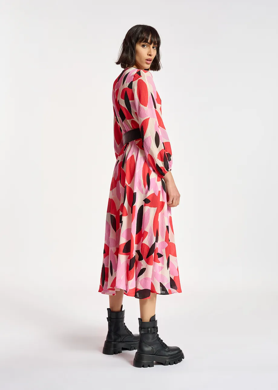 Off-white, red and pink abstract print midi-length dress