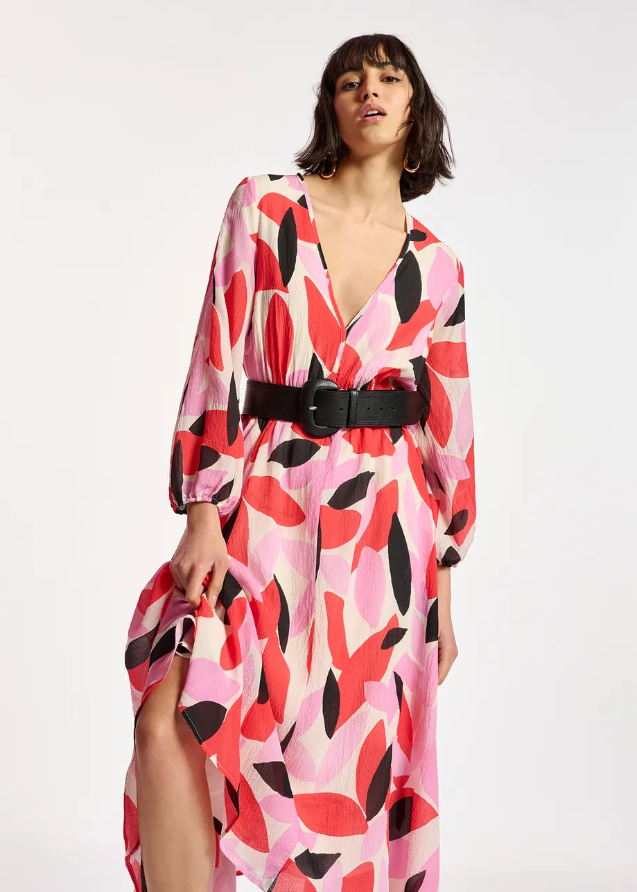 Off-white, red and pink abstract print midi-length dress