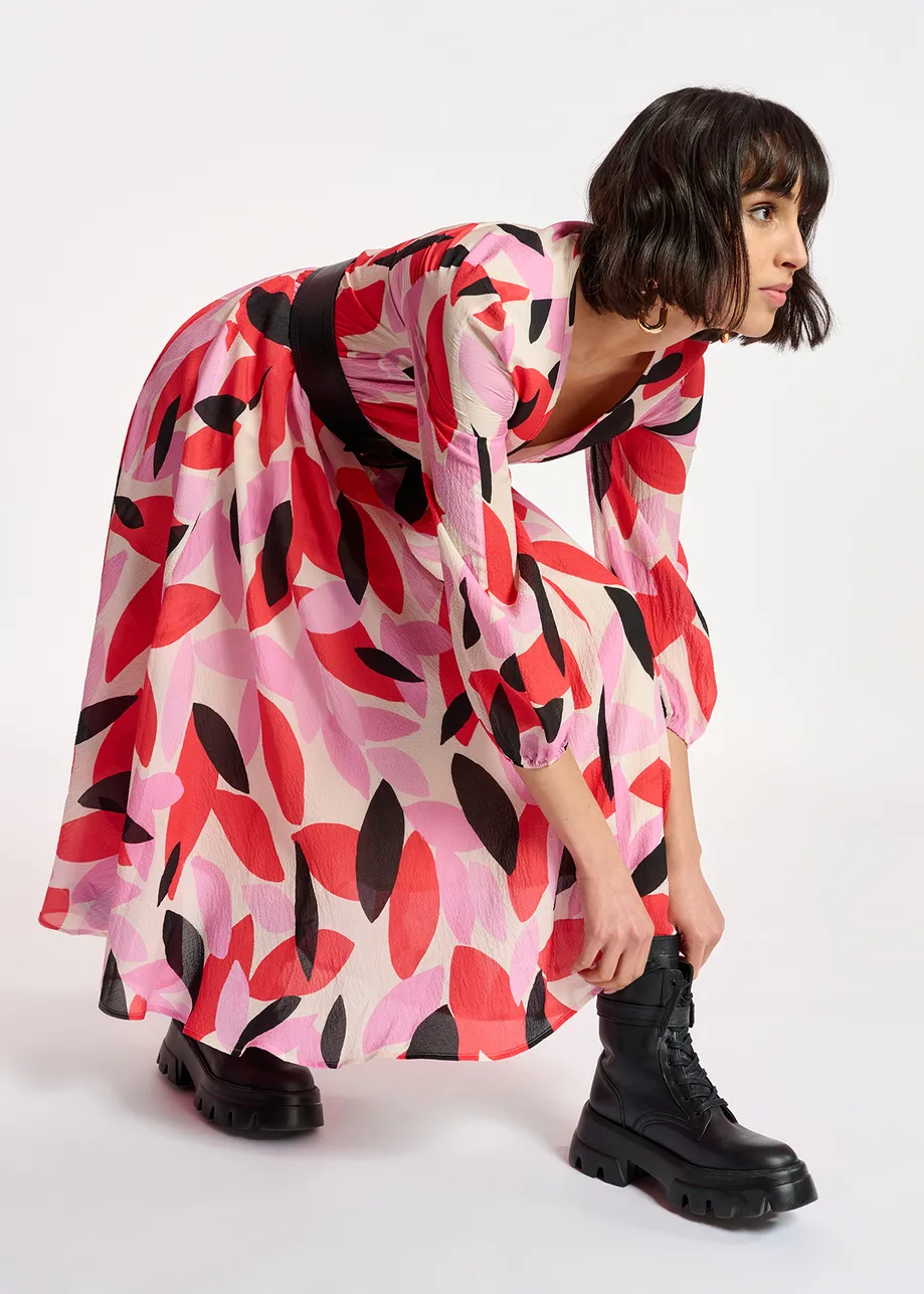 Off-white, red and pink abstract print midi-length dress