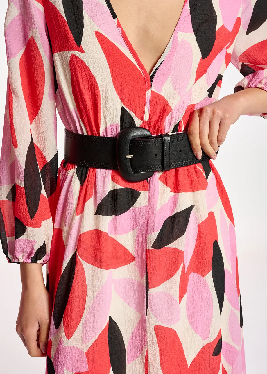 Off-white, red and pink abstract print midi-length dress